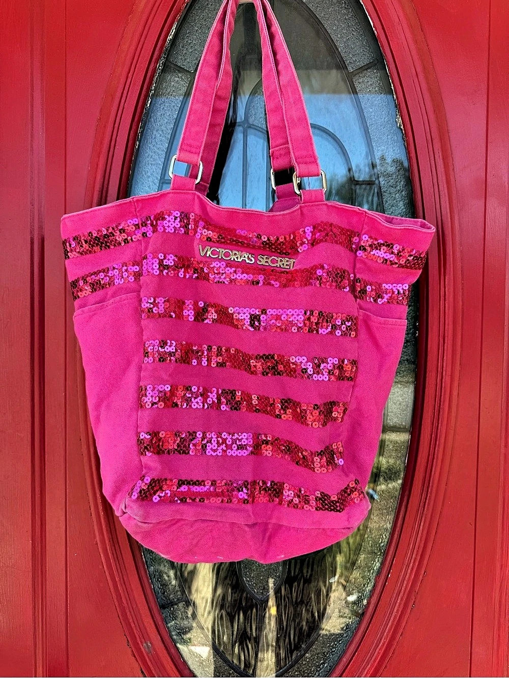 Victoria's Secret Pink Sequin Stripe Canvas Tote Bag